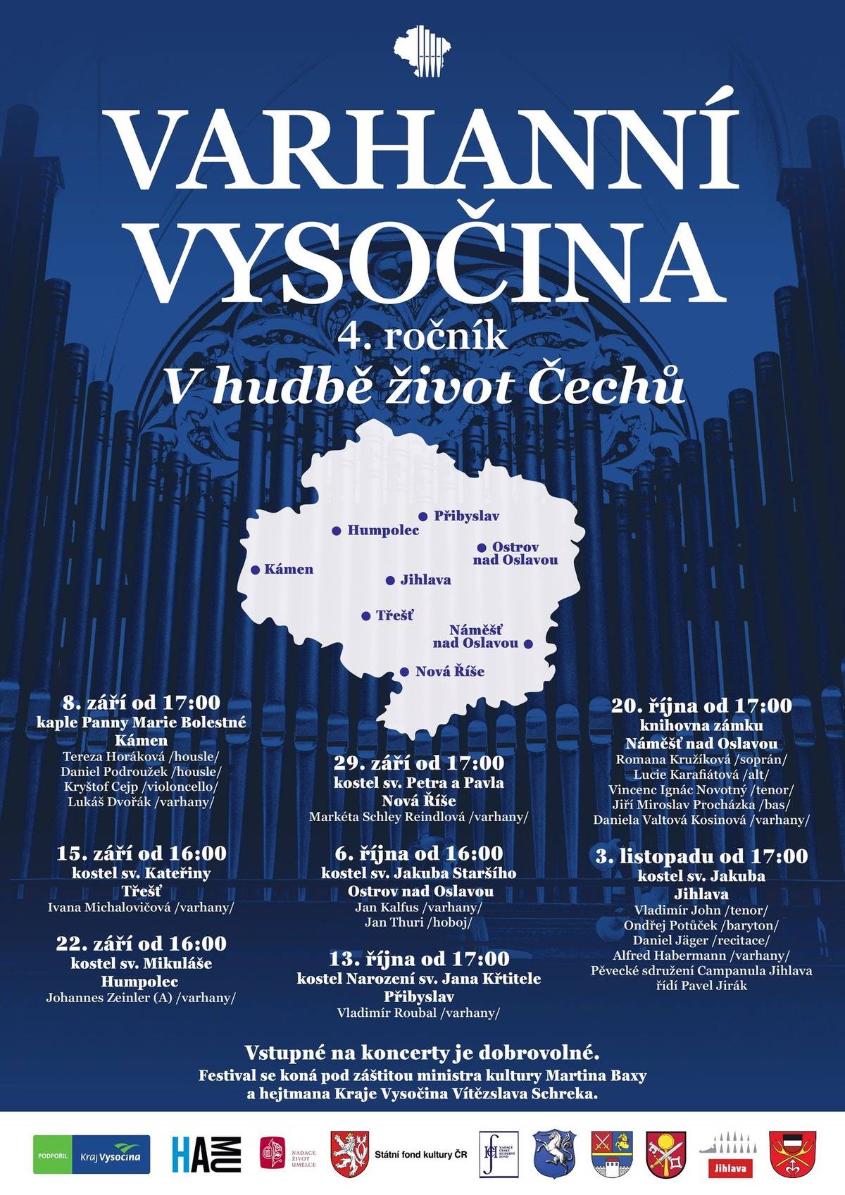 Vážení občané,
srdečně vás zveme na zahajovací koncert festivalu Varhanní Vysočina, který se uskuteční v neděli 8. září 2024 od 17:00 hodin v kapli Panny Marie Bolestné. Na programu koncertu s podtitulem V hudbě život Čechů budou skladby Jana Dismase Zelenky a Georga Friedricha Händela. Vstupné je dobrovolné.
Účinkují:
Tereza Horáková - housle
Daniel Podroužek - housle
Kryštof Cejp - violoncello
Lukáš Dvořák - varhany
 
Těšíme se na Vás!