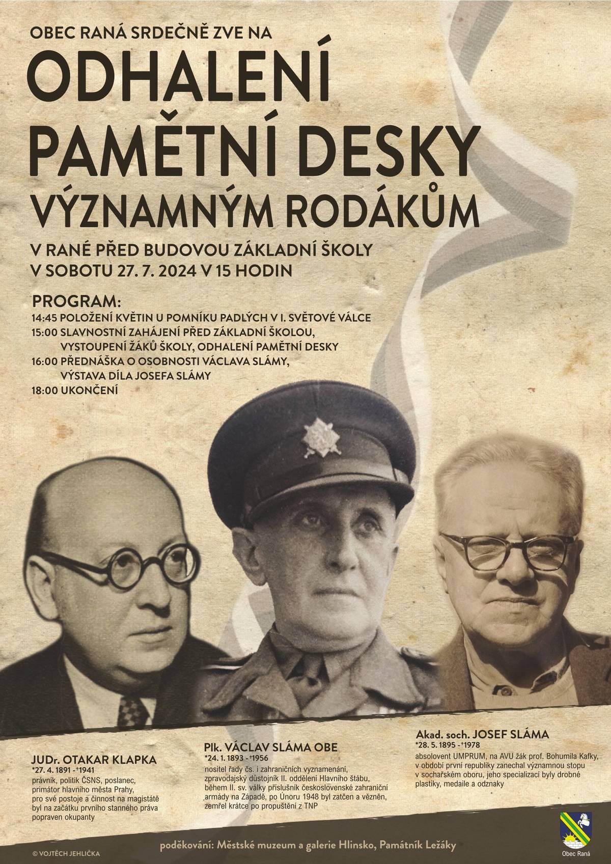 Slavnostní odhalení pamětní desky našim rodákům