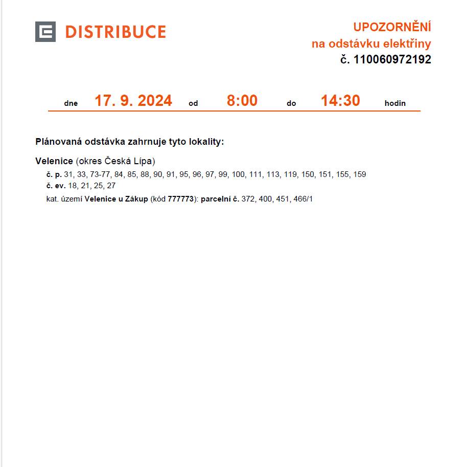 Dobrý den v příloze oznámení ČEZ distribuce o odstávky elektřiny v obci. Petr Brůžek