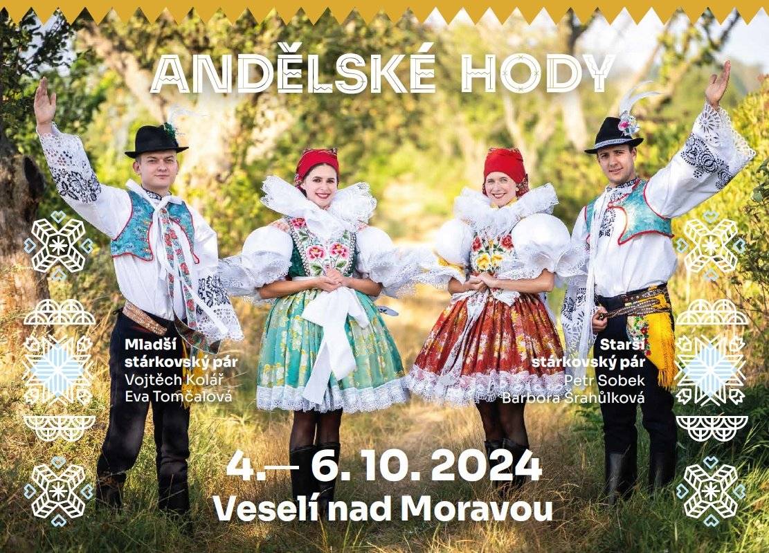 První říjnový víkend bude patřit tradičním Andělským hodům. Od pátku 4. do neděle 6. října celé město ožije folklorem!
 Na hodovou notu se ale můžeme naladit již tento víkend. V sobotu 28. 9. Panský dvůr rozezní veselská sedlcká a očím polichotí krojové inspirace. V 16:00 začíná v Městské galerii na Panském dvoře vernisáž Krojové inspirace napříč regiony. Výstavu uvede sama autorka, milovnice folklóru paní Romana Habartová. Těšit se můžete i na workshop, který se váže k tradicím ve folkloru.  
Od 18:00 hod. začne kurz lidových tanců pod vedením souboru lidových písní a tanců Radošov. K tanci zahraje cimbálová muzika Fraj. Kurz proběhne taktéž na Panském dvoře, ve velkém sále. Vstupné je zdarma! Tak si přijďte zatančit, zazpívat a dobře se pobavit.
Samotné hodové veselí začíná v pátek 4. října od 16:00 zdobením máje na nádvoří Panského dvora. Od 17:00 se "hodová mája" začne stavět na náměstí Míru. K poslechu a dobré náladě bude hrát CM Fraj, DH Šohajé, zazpívá Veselský mužský sbor a SLPT Radošov. Bohatý doprovodný program a stánky s občerstvením jsou na náměstí Míru již samozřejmostí.
V sobotu 5. října od 13:00 budou vystupovat na náměstí Míru hostující soubory. V 16:00 projde městem krojovaný průvod a od 19:00 se bude v KD pokračovat hodovou zábavou. K tanci a poslechu zahraje DH Šohajé a CM Radošov. 
Neděle 6. října bude patřit slavnostní hodové mši svaté v 10:00 v kostele Sv. Andělů strážných a následnému zpívání před kostelem. 
V 15:00 bude víkend završený koncertem Marty Töpferové Trio. Marta Töpferová, česká zpěvačka a skladatelka je známá svou jedinečnou kombinací tradiční moravské lidové hudby s prvky latinskoamerických rytmů a jazzu. Její koncert slibuje autentický hudební zážitek plný emocí a virtuozity, který potěší všechny milovníky folklóru i světové hudby. 
Ať už přijdete kvůli bohatému programu, atmosféře, tradičním lahůdkám či za společností přátel a sousedů, věříme, že si každý něco najde. Všichni jste srdečně zváni!