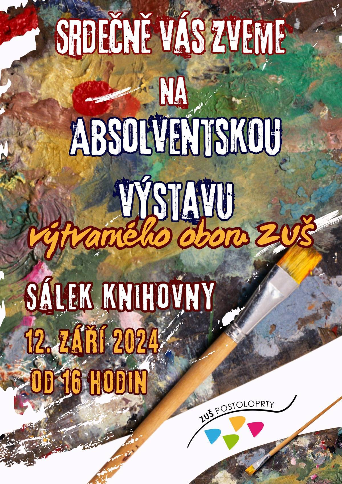 ZUŠ Postoloprty pořádá absolventskou výstavu výtvarného oboru. Přijďte do sálku knihovny ve čtvrtek 12. 9. 2024. Začátek v 16 hodin.