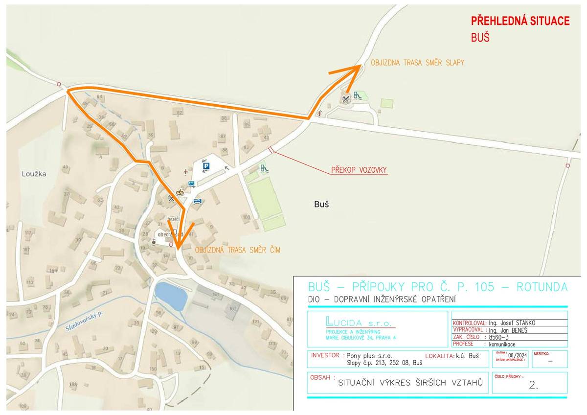 V termínu 5.10. - 6.10.2024 bude z důvodu realizace stavby "Přípojka vodovodu a kanalizace pro Restauraci Rotunda" uzavřena hlavní silnice III/10217 v úseku náves - křižovatka u Rotundy. Objízdná trasa bude pro oba směry vedena od lípy na návsi okolo Kůrkových a dále po silnici k Rotundě.