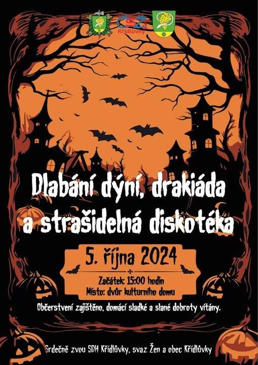 SDH Křídlůvky, Svaz žen Křídlůvky II a obec Křídlůvky Vás zve na tradiční dlabání dýní, drakiádu a strašidelná diskotéka pro děti. Akce se koná tuto sobotu, 5. října, od 15:00 na dvoře za kulturním domem. Z organizačních důvodu se konání akce oznamuje se spožděním. Občerstvení bude zajištěno. Jako vždy na akci ocení také Vaše skvělé domácí sladké a slané dobroty.