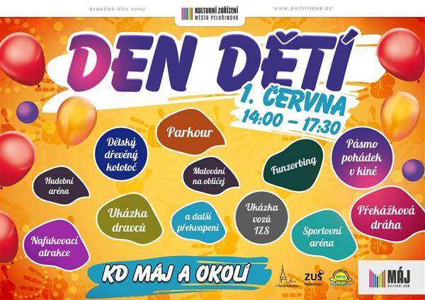 Přijďte si společně s dětmi užít zábavné odpoledne v okolí KD Máj. Připravena bude spousta atrakcí a věříme, že se dětem nebude chtít domů. Na co se můžete těšit? Nafukovací skluzavka, dřevěný kolotoč, skákací hrad, nafukovací překážková dráha, Funzorbing, malování na obličej, promítání pohádek v kině Vesmír, výtvarné workshopy, sportovní a hudební aréna Parkouristi, ukázka dravců, ukázka vozů IZS a další. Akce se bude konat v okolí KD Máj a na hřišti Kalvárie. Občerstvení zajištěno. V případě nepříznivého počasí bude pouze omezený program k KD Máj.
