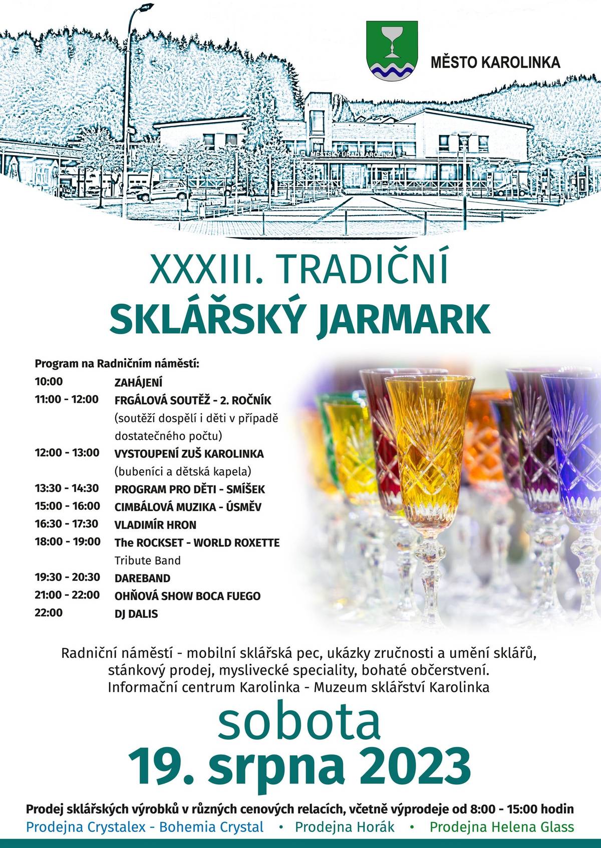 V sobotu 19.8.2023 se uskuteční na Radničním náměstí 33. Tradiční sklářský jarmark. Proběhne 2. ročník Frgálové soutěže, přihlášky na https://www.karolinka.cz/2-rocnik-frgalove-souteze nebo IC Karolinka.