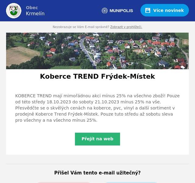 KOBERCE TREND mají mimořádnou akci mínus 25% na všechno zboží! Pouze od této středy 18.10.2023 do soboty 21.10.2023 mínus 25% na vše. Přesvědčte se o skvělých cenách na koberce, pvc, vinyl a další sortiment v prodejně Koberce Trend Frýdek-Místek. Pouze tuto středu až sobotu sleva pro všechny a na všechno mínus 25%.