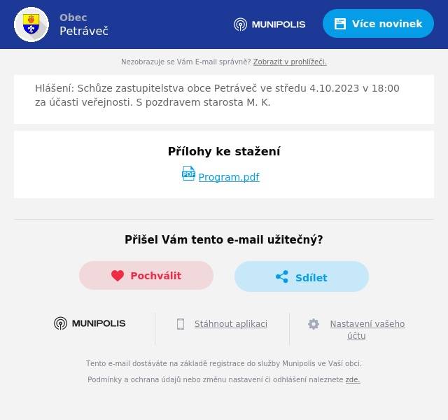 Hlášení: Schůze zastupitelstva obce Petráveč ve středu 4.10.2023 v 18:00 za účasti veřejnosti. S pozdravem starosta M. K.