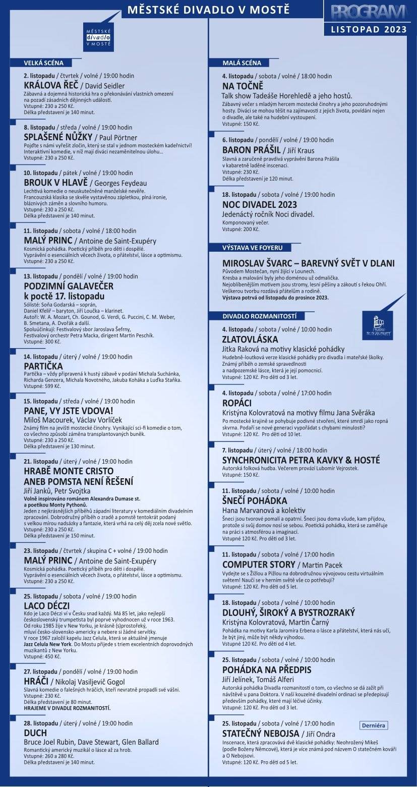 V Městském divadle v Mostě proběhne v sobotu 18. 11. 2023 komponovaný večer Noc divadel. Na programu je přichystána rozhlasová hra "Plášť". Jedná se o dramatizaci hororové povídky Richarda Blocha. Vstupné je 200 Kč.
Více informací naleznete zde.