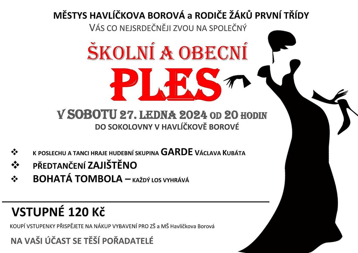 Zveme tančící i netančící v sobotu 27.1.2024 na ŠKOLNÍ A OBECNÍ PLES. Svojí účastí  podpoříte prvňáčky, neboť veškerý výtěžek plesu bude použit právě pro ně.  Přijďte se pobavit. Na Vaši účast se těší pořadatelé.