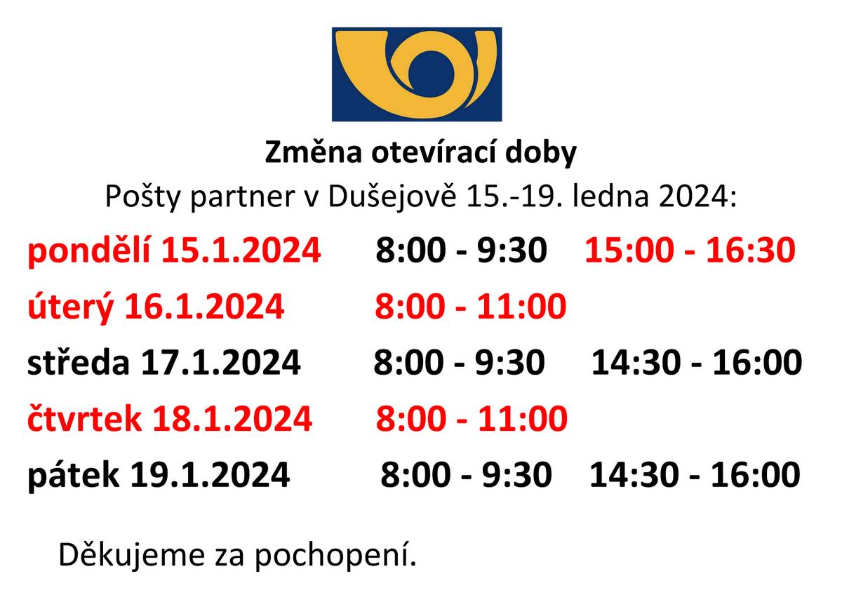 Oznamujeme změnu otevírací doby pošty v Dušejově