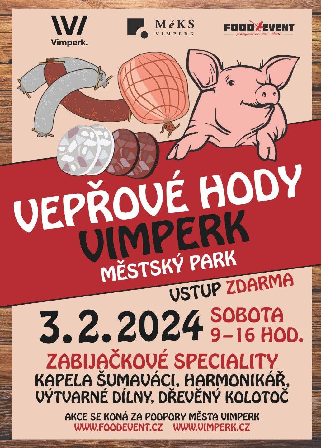 Vepřové hody ve Vimperku proběhnou již zítra od 9:00 do 16:00 v městském parku. 🐖
Můžete se těšit na široký výběr vepřových specialit, sladkých dobrot a bohatý doprovodný program.👍🙂
🐷 zabijačkový guláš a polévka, grilovaná kýta, krkovička, BBQ žebra, bůček, pečené selátko v peruánské omáčce...
🐷 škvarky, tlačenka, klobásy, jaternice, jelita, prejty, párečky, paštiky, sádlo, sulc, špekáčky...
🥙 bramborové placky slané i sladké, bezlepkové tortilly se zeleninou a sýrem, sušené maso a sýr...
🍩 různé druhy koblížků, křehké makronky, křupavý trdelník, kynuté buchty, koláče...
☕ lahodná káva, horká čokoláda, svařák, grog, limonáda, pivo...
Aktuální nabídku prodejců naleznete zde: https://1url.cz/@veprovehodyFBudalost
Nezapomeňte přijít v maskách! 
🏆soutěž o nejlepší masku 😄
Gastro akci pořádá Food Event ve spolupráci s městem Vimperk.