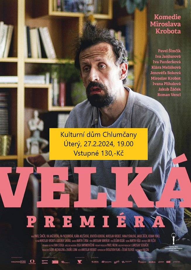 Kino Chlumčany uvádí v úterý 27.2. od 19:00 hodin film "Velká premiéra". Komedie, drama, Česko 2022. Nevhodný mládeži do 12 let. Vstupné 130 Kč.
Upoutávka na https://www.youtube.com/watch?v=vV1dTJHe2ho.
Pro herce Šnajdra (Pavel Šimčík) je život jedna velká hra. Málokdo pozná, kdy věci myslí vážně. Jeho žena Markéta (Klára Melíšková) je už na něj alergická a manželskou krizi se snaží řešit u psychologa (Jakub Žáček). Šnajdr raději mizí do Olomouce, kde se chytá své první režijní příležitosti, ve které chce zazářit se svou babičkou (Iva Janžurová). Oba totiž milují improvizaci. Tu překvapivě dokáže tvořit i babiččina pečovatelka Mikina (Iva Pazderková), což Šnajdra oslní. Kariérista Grunt (Miroslav Krobot), který šéfuje divadlu, doufá, že představení bude událostí sezóny. To se nakonec stane, ale jinak, než si představoval. Sám je totiž, aniž by chtěl, vtažen Šnajdrem do hry. (Falcon)
