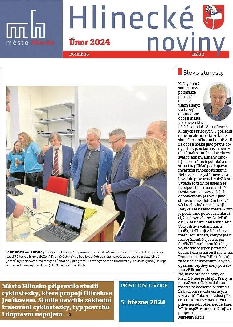 Dobrý den, zasíláme Vám únorové vydání radničního měsíčníku Hlinecké noviny.
Město Hlinsko
