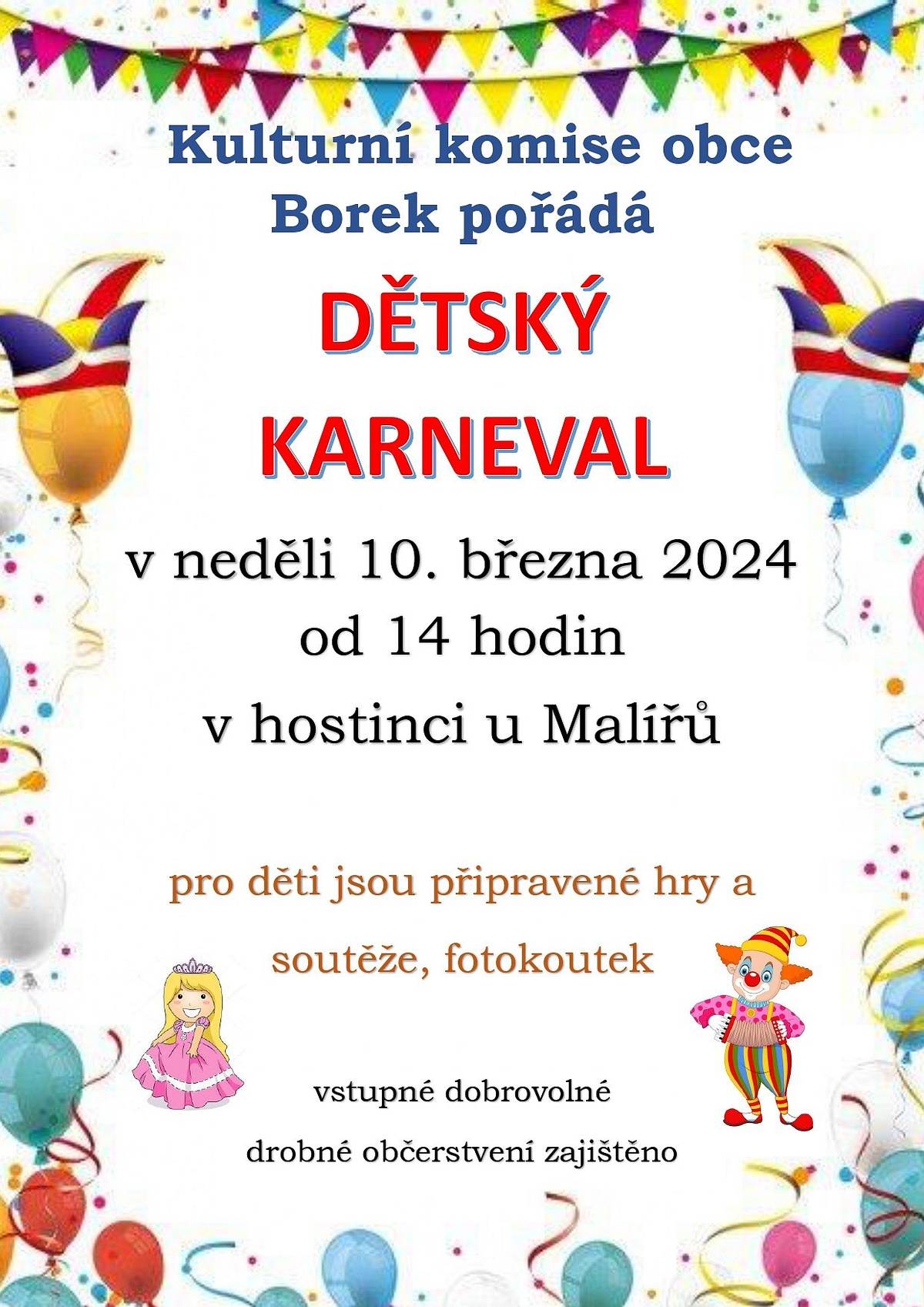 Dětský karneval se uskuteční v neděli 10.3.2024 od 14 hodi