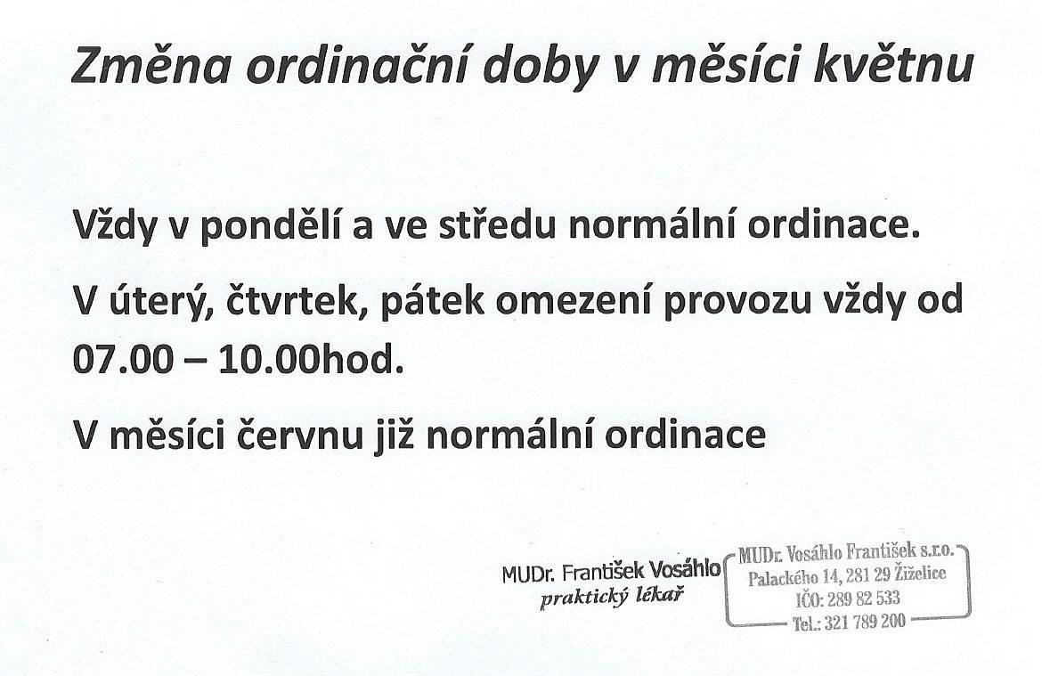 Úprava ordinační doby v měsíci květnu.