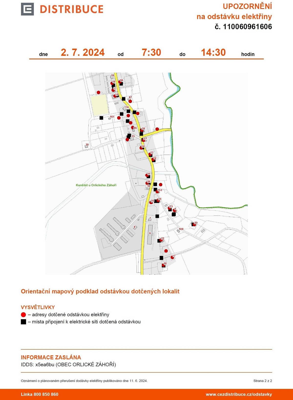 Upozornění na odstávku elektřiny 2.7.2024 v Orlickém Záhoří, více na www.orlickezahori.eu - aktuality v obci