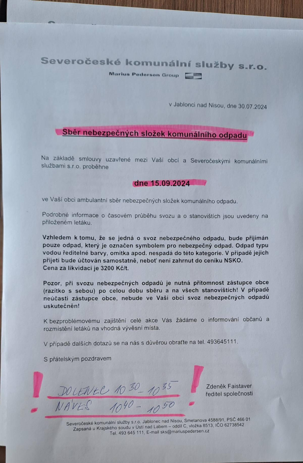Sběr nebezpečného odpadu proběhne v neděli 15.9.2024; Dolenec 10,30-10,35; Náves 10,40-10,50