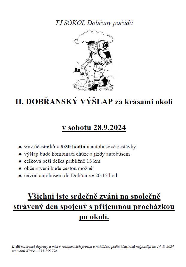 TJ SOKOL Dobřany pořádá v sobotu 28.9.2024 II. DOBŘANSKÝ VÝŠLAP za krásami okolí.