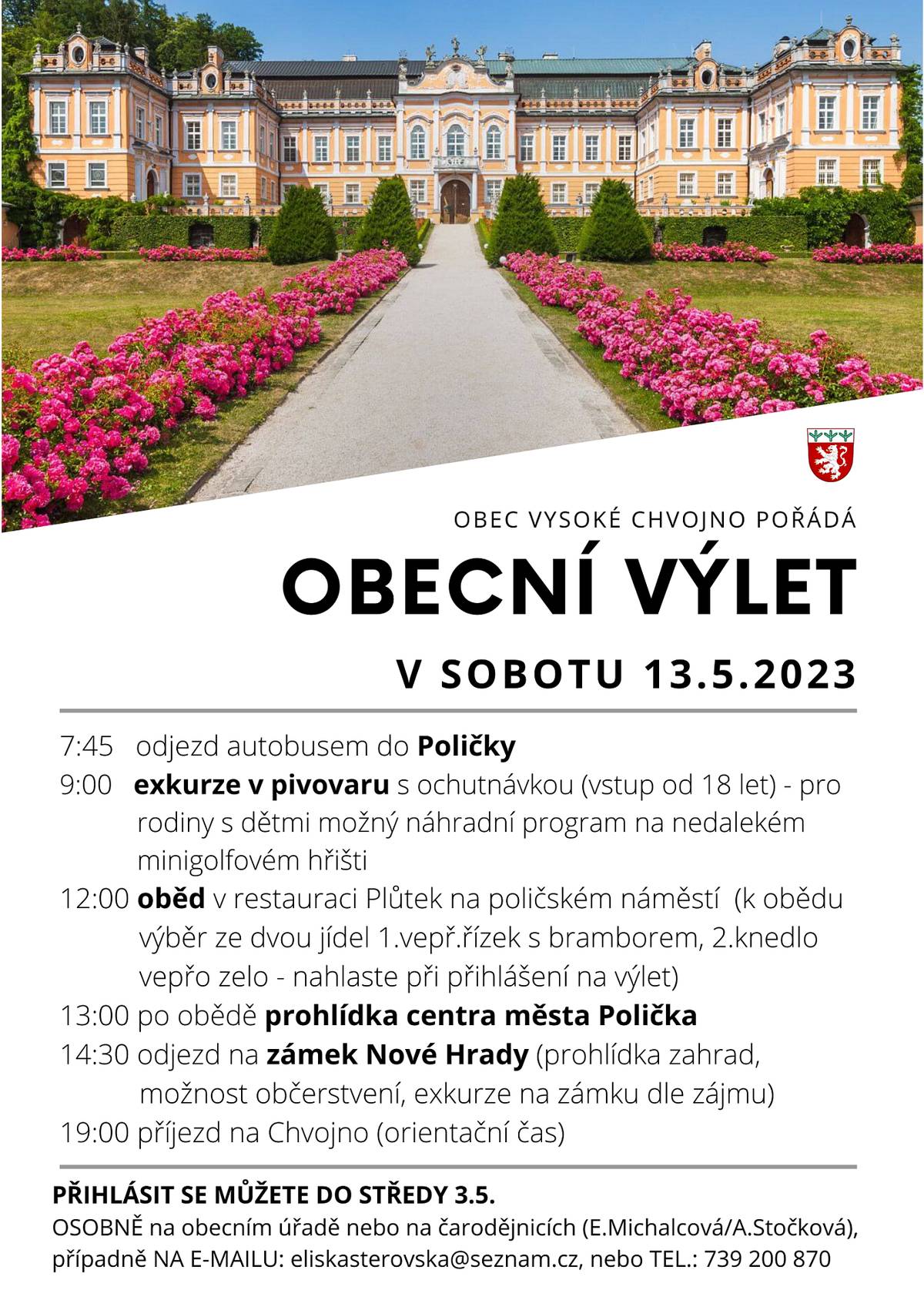 Obec Vysoké Chvojno pořádá obecní výlet dne 13. 5. 2023