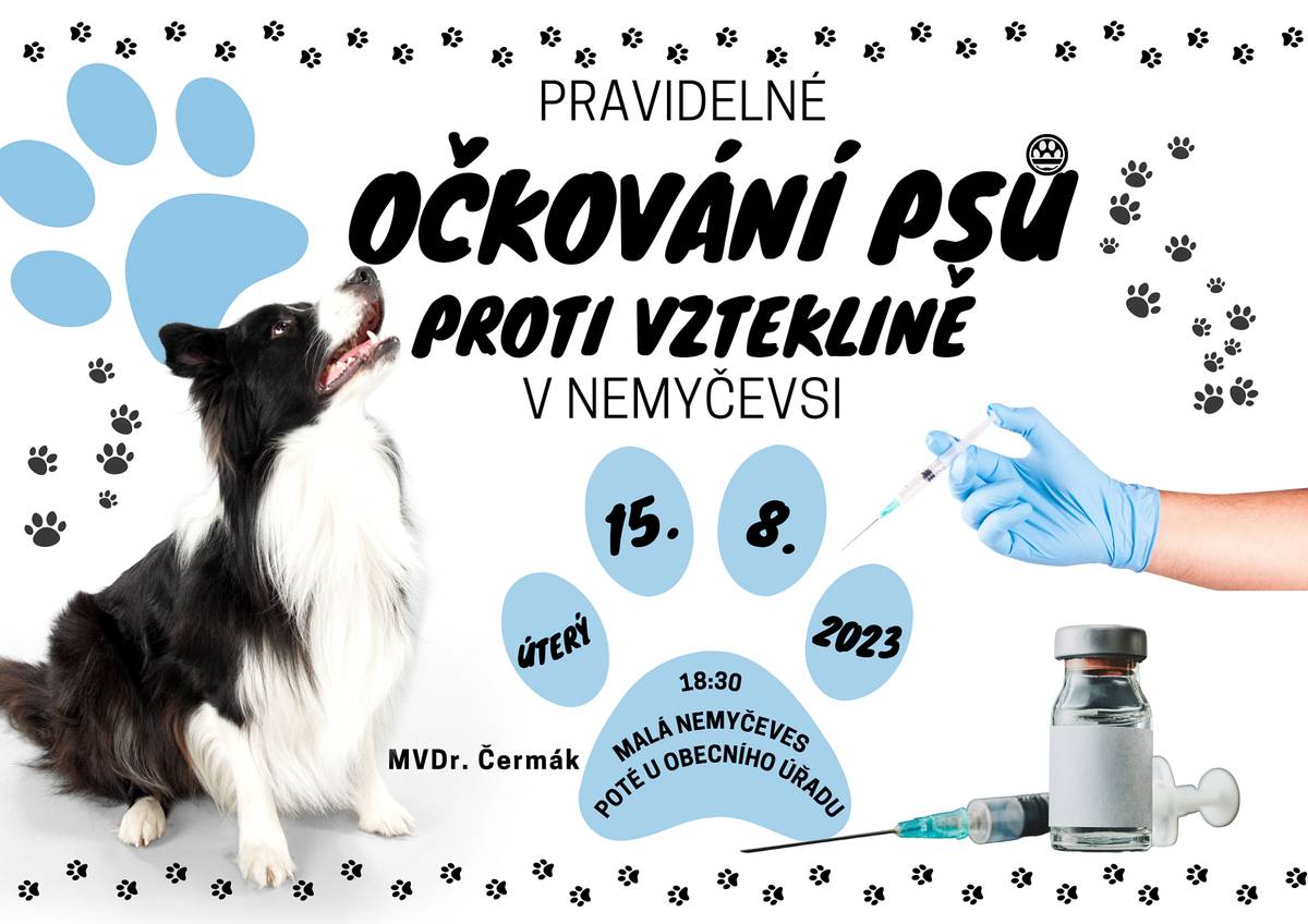 V úterý 15. srpna 2023 se v naší obci opět uskuteční očkování psů proti vzteklině. Bližší informace naleznete v přiloženém letáku.