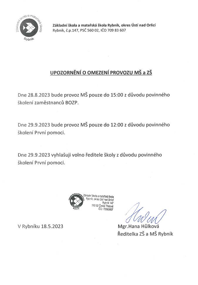 Upozornění o omezení provozu MŠ a ZŠ.
