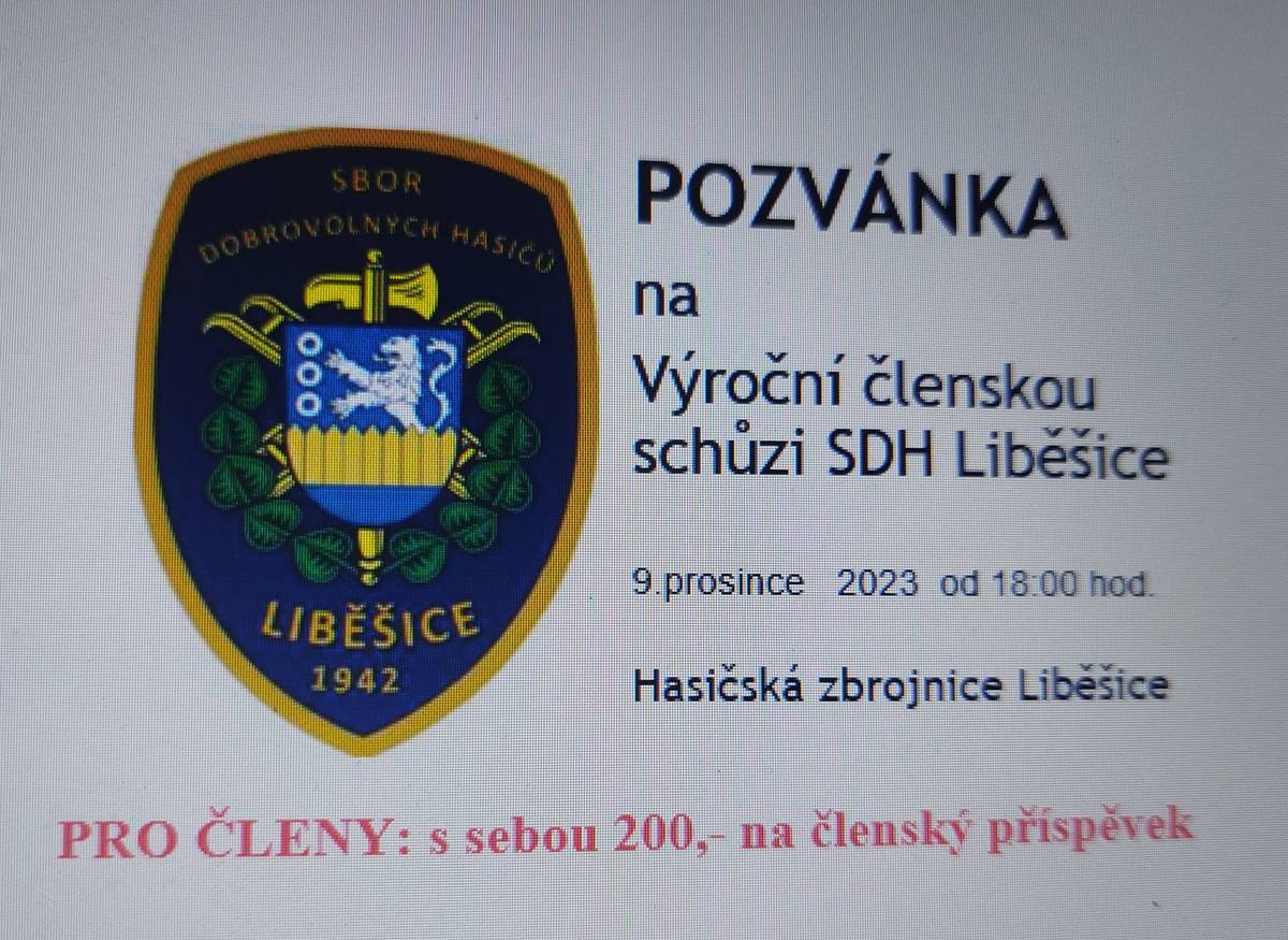 SDH Liběšice - Výroční členská schůze  dne 9.12.2023 od 18:00 hodi