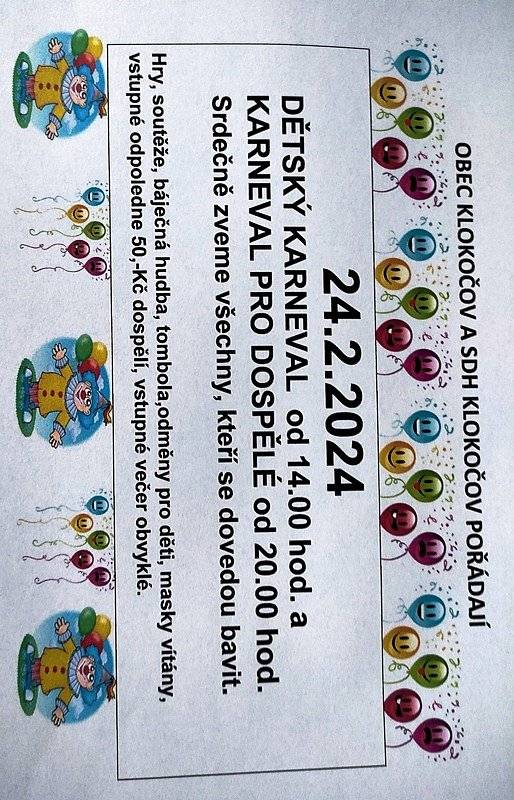 Pozvánka na Karneval pro děti a dospělé.