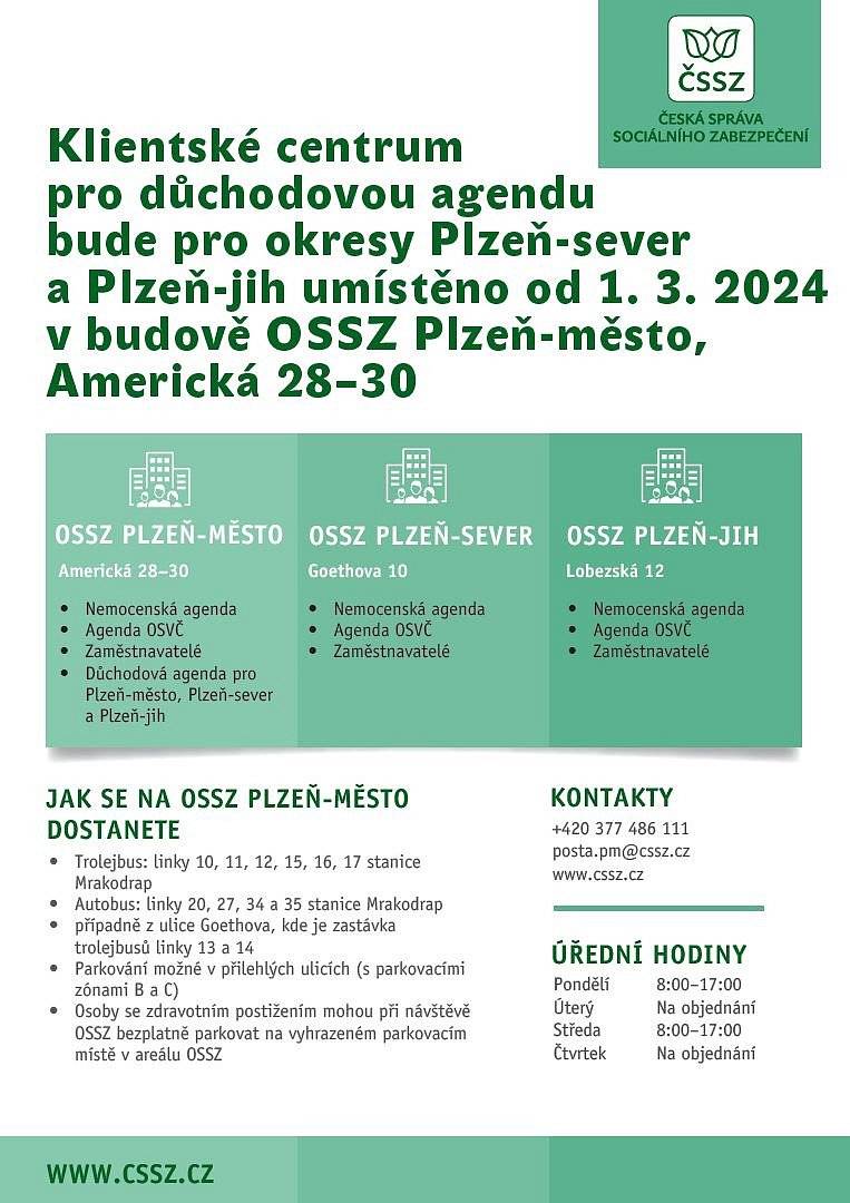 Česká správa sociálního zabezpečení informuje, že klientské centrum pro důchodovou agendu bude pro okresy Plzeň-sever a Plzeň-jih umístěno od 1. 3. 2024 v budově OSSZ Plzeň-město, Americká 28–30.