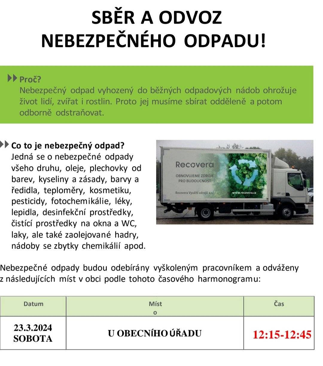 Vážení občané, v pátek 22. 3. 2024 17:00 - 18:00 proběhne sběr elektroodpadu u domu č.p. 21 (Mojžíšovi) vedle OÚ. Sběr a odvoz nebezpečného odpadu bude v sobotu 23. 3. 2024 12:15 - 12:45 u OÚ.