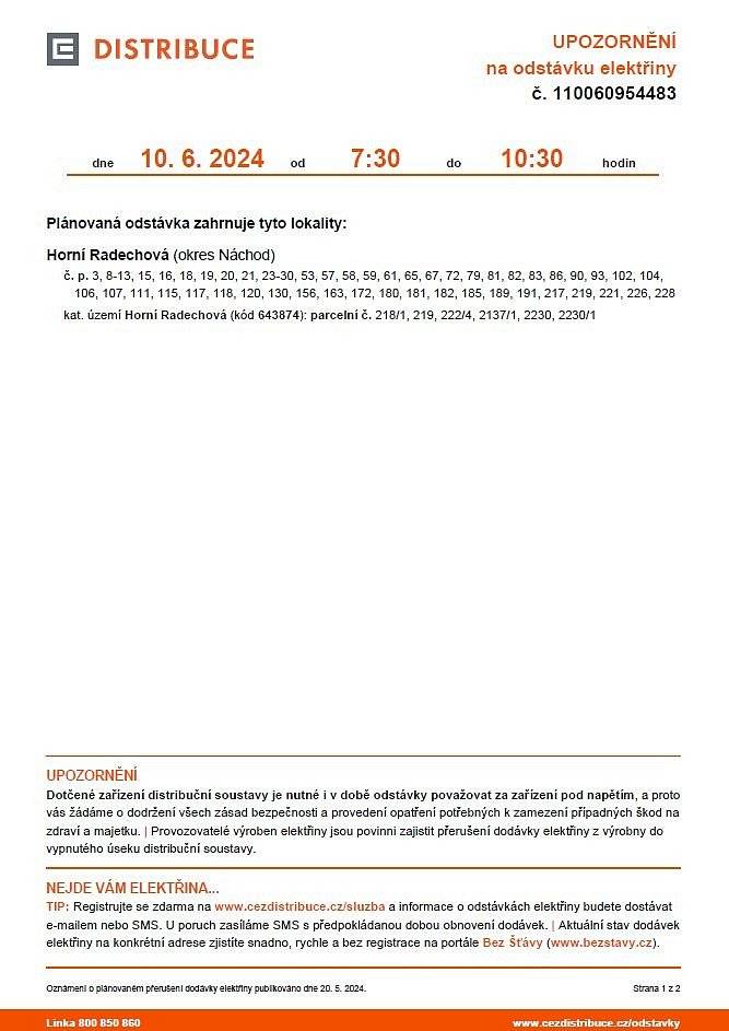 Odstávka dodávky elektřiny v obci Horní Radechová ve dne 10.6.2024 od 7:30 do 10:30