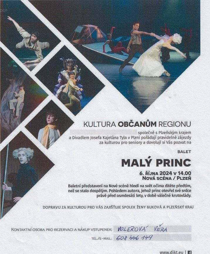 Kultura občanům regionu společně s Plzeňským krajem a Divadlem Josefa Kajetána Tyla v Plzni pořádají pravidelné zájezdy za kulturou pro seniory a dovolují si vás pozvat na 4 představení od října 2024 do února 2025 vždy o víkendu od 14:00 hodin. Dopravu zajišťuje Spolek ženy Buková a Plzeňský kraj. Prosíme zájemce, aby kontaktovali p. Věru Volerovou tel. 608 446 149 do 8.6.2024.