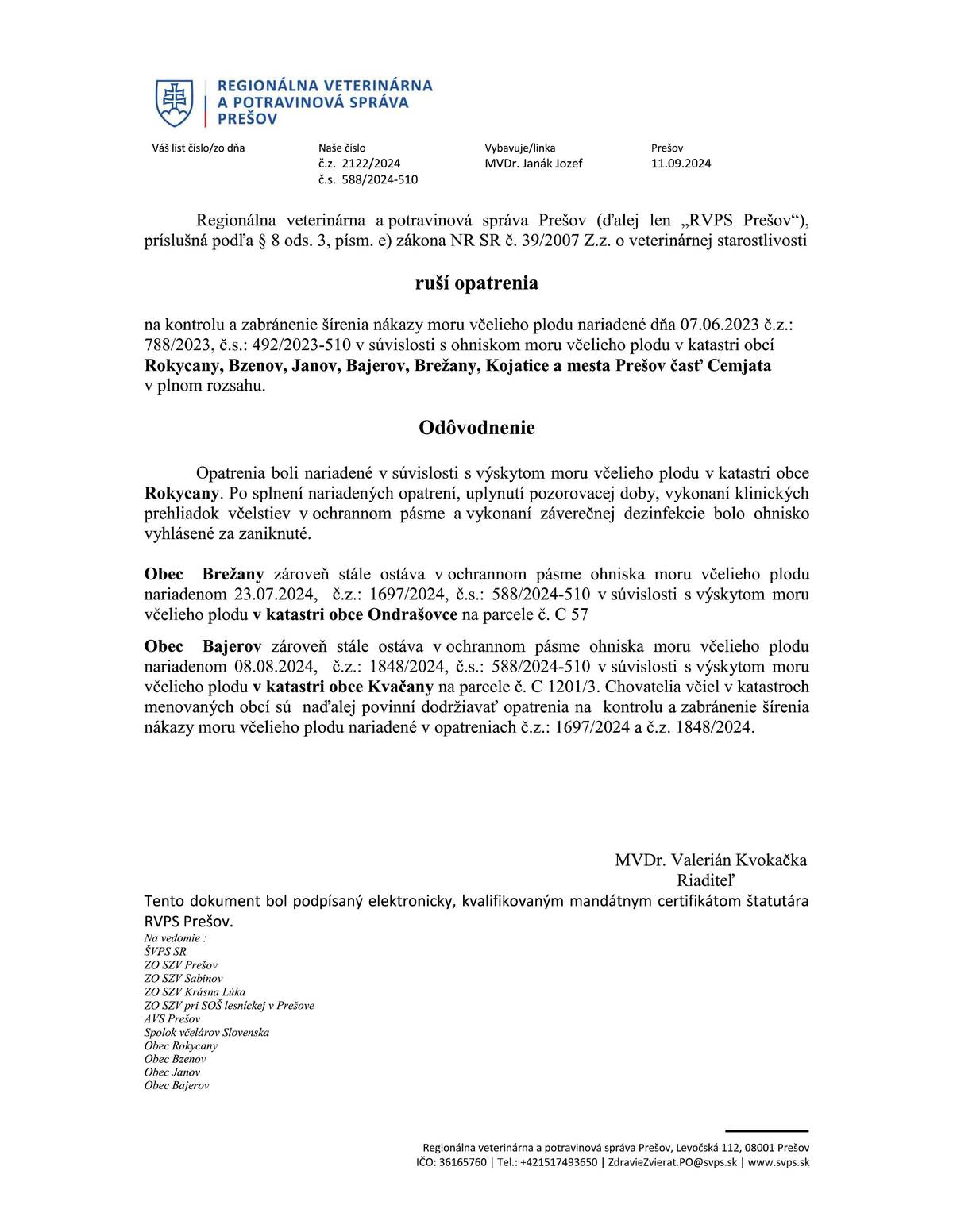 Zrušenie opatrení nákazy moru včelieho plodu