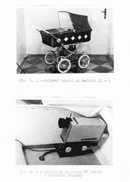 Celkový pohled na "sledovací kočárek". V detailu kamera v košatině kočárku.