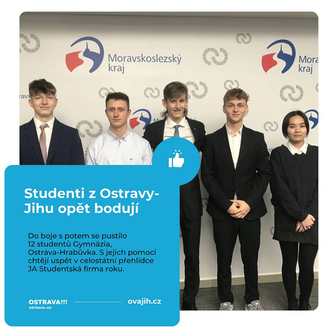 Krajské kolo studentské soutěže JA TOP LOGO organizace JA Czech za Moravskoslezský kraj doslova ovládli mladí a talentovaní zástupci Ostravy-Jihu. Na prvním místě + cenu veřejnosti získali studenti Gymnázia, Ostrava-Hrabůvka se svou firmou PitPad (na snímku). 
Druhé místo získali opět studenti z Jihu, a to z gymnázia v Ostravě-Zábřehu jako Fusion. Třetí skončila studentská skupina Edisonia ze Střední školy PRIGO. 
 Pěkný článek o vítězích, kteří ještě chtějí bojovat s nápadem na výrobu potítek dnes přinesl také server Novinky.cz - přečíst si ho můžete zde: https://www.novinky.cz/clanek/veda-skoly-studenti-ostravskeho-gymnazia-zalozili-firmu-vyrabi-potitka-do-podpazi-40458664