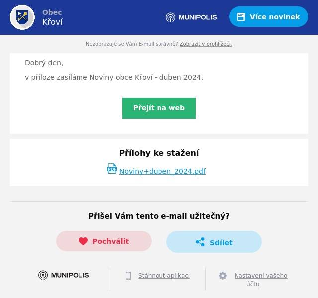 Dobrý den,
v příloze zasíláme Noviny obce Křoví - duben 2024.