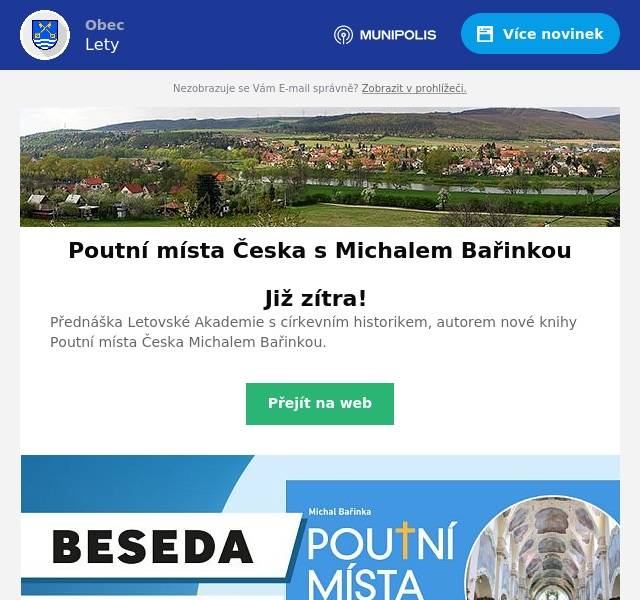 Již zítra!
Přednáška Letovské Akademie s církevním historikem, autorem nové knihy Poutní místa Česka Michalem Bařinkou.