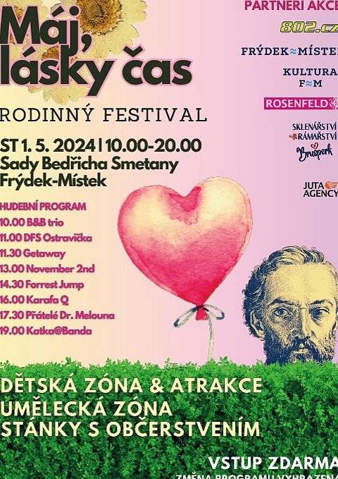 Rodinný festival Máj, lásky čas začíná v Sadech Bedřicha Smetany v 10 hodin dopoledne, až do večera bude park plný hudby a umění, nebude chybět občerstvení a atrakce pro děti. Více: https://fb.me/e/2528ITcnO


 Na Zámeckém náměstí se budou blýskat naleštěné kapoty veteránů, můžete se na ně přijít podívat od 9.30 do 15 hodin. Více: https://fb.me/e/1U576yx7q


 Pokud zatoužíte po umění, letos poprvé se otevře návštěvníkům Svatojánská věž v kostele sv. Jana Křtitele. Od 13 hodin můžete vyrazit na prohlídku, v 19 hodin se představí mladí básníci. Více: https://fb.me/e/3KPIDdJFj


 A poprvé se budete moci projít novým lesoparkem, který otevře veřejnosti společnost Marlenka hned vedle svého sídla. Denně bude přístupný od 9 do 21 hodin. https://1url.cz/0u7cO


Pozn. Na žádné z akcí se neplatí vstupné.