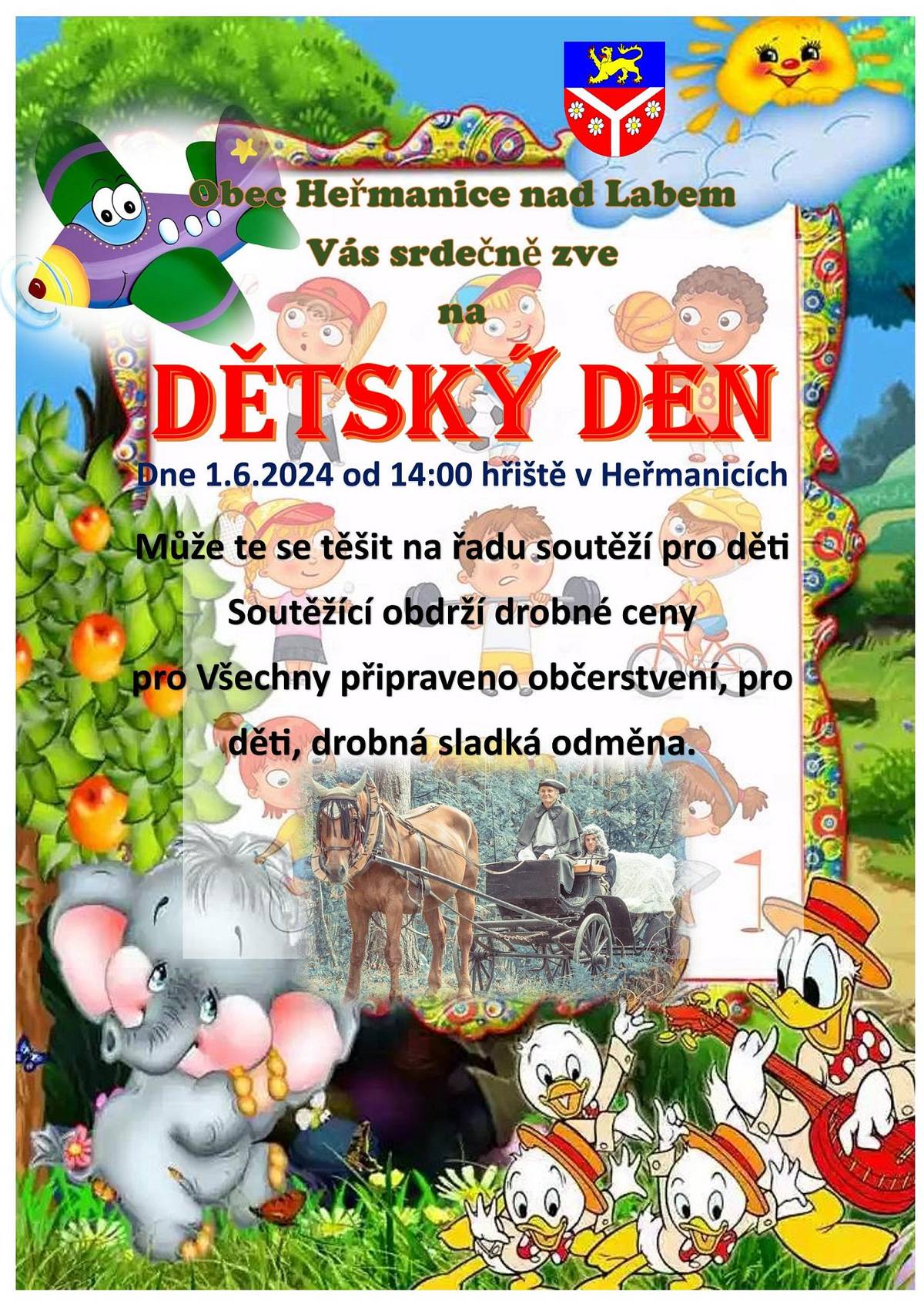 Obec Heřmanice srdečně zve děti na Dětský den, který se koná v sobotu dne 1.6.2024 od 14:00 hod. na hřišti v Heřmanicích. Nezapomeňte si vzít kolo, nebo koloběžku.