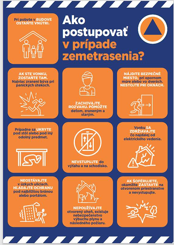 Vážení občania,
V rámci vzdelávacích a osvetových aktivít Vám predkláme informačný leták "Ako postupovať v prípade zemetrasenia".