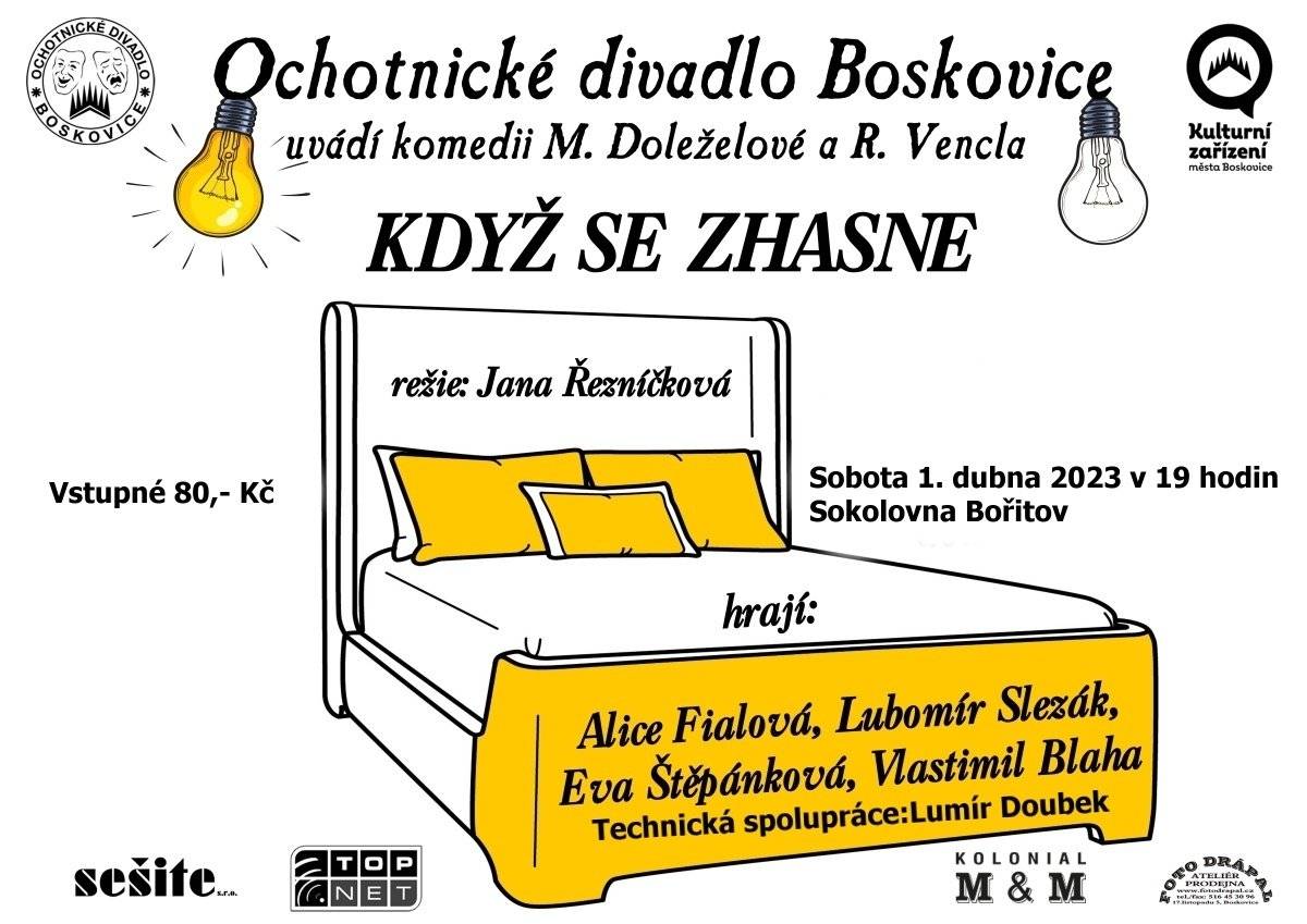 1.Divadlo 1.4.2023
Kulturní komise srdečně zve na divadelní komedii KDYŽ SE ZHASNE v sobotu 1. dubna 2023 v 19 hodin v Sokolovně. 
Zahraje Ochotnické divadlo Boskovice.
Vstupné 80,- Kč.
 
2.Po stopách zajíčka Ušáčka 2.
Jako minulý rok i letos v sobotu 1. 4. 2023 se bude konat předvelikonoční akce Po stopách zajíčka Ušáčka 2. I letos si pro nás zajíček připravil opět zajímavý program. 
Akce je pro děti od 3 do 9 let. Vstupné bude 100,- Kč/dítě. 
Pro velký, pozitivní ohlas z minulého roku, akci přesunujeme do větších prostor hasičky v Bořitově. 
Těšíme se na vás!
 
3.Nabídka zaměstnání
COOP družstvo HB přijme pro prodejnu v obci Bořitov novou posilu prodavače/prodavačku na hlavní pracovní poměr nebo na dohodu. Nástup ihned nebo dle dohody. 
Bližší informace podá p. Michaela Pirklová, tel. 722 978 520. Profesní životopisy zasílejte na email: pirklova@coophb.cz. 
 