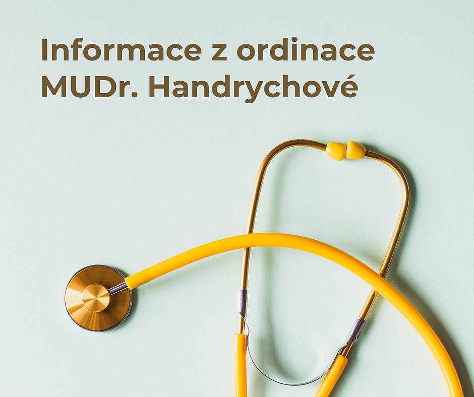 Ve dnech 12. 10. - 13. 10. 2023 bude ordinace MUDr. Handrychové mimo provoz z důvodu čerpání řádné dovolené. Zastupující lékař bude MUDr. František Hynek na Poliklinice v Ostrově - tel. 353 821 468. Zajistěte si, prosím, včas dostatek léků.


Dále informujeme, že probíhá očkování proti onemocnění COVID 19. Zájemci se mohou hlásit na telefonním čísle 353811244 u zdravotní sestry.