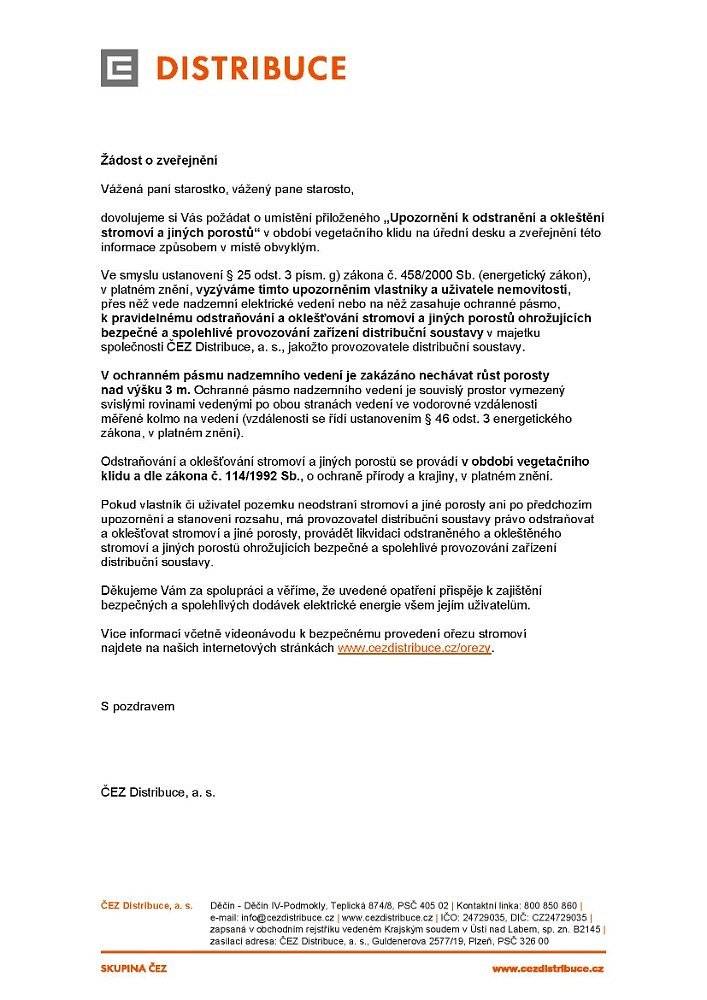 Zasíláme výzvu ČEZ k odstranění a okleštění stromoví a jiných porostů, které zasahují do ochranné zóny u el. vedení.