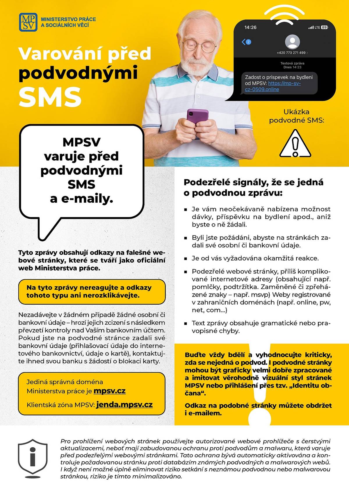 MPSV varuje před podvodnými SMS a e-maily.