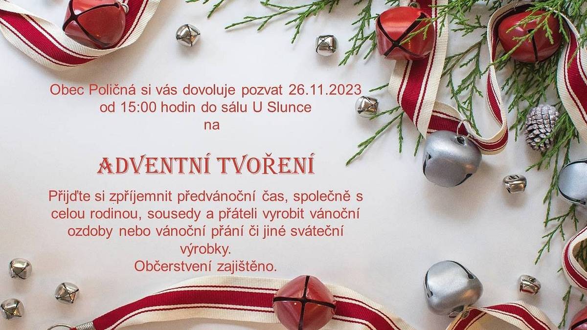 Přijďte se 26. 11. 2023 od 15 hod. potkat se sousedy nad tvořením vánočních drobností do sálu Hostince U Slunce. Těšíme se na Vás.