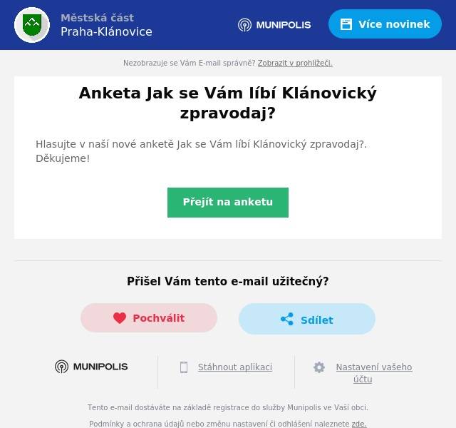 Hlasujte v naší nové anketě Jak se Vám líbí Klánovický zpravodaj?. Děkujeme!