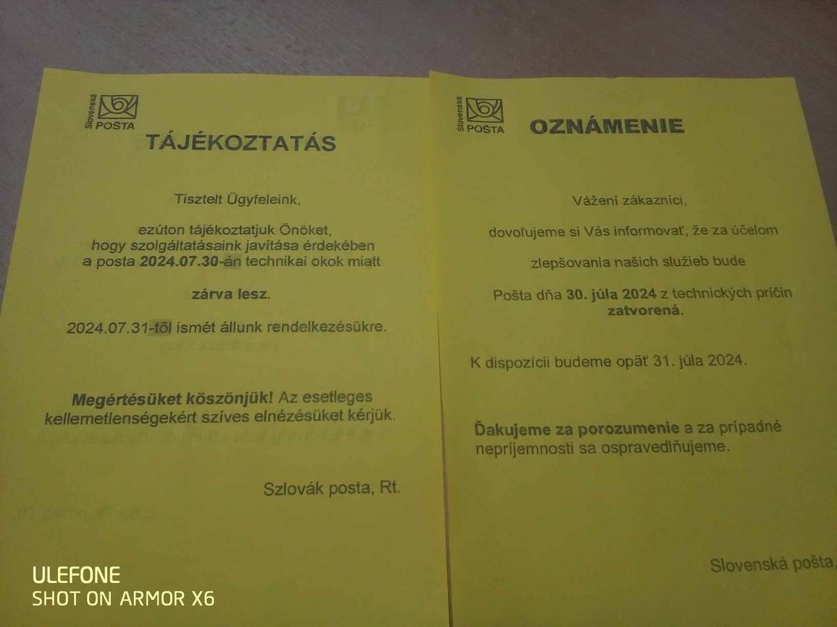 A Dobóruszkai postahivatal értesíti a tisztelt polgárokat, hogy 2024. július 30 án (kedden ) a postahivatal technikai okok miatt zárva lesz !!!                                             

Pošta Ruská, oznamuje občanom, že dňa 30.07.2024 ( v utorok ) bude pošta z technických príčin zatvorená !!!