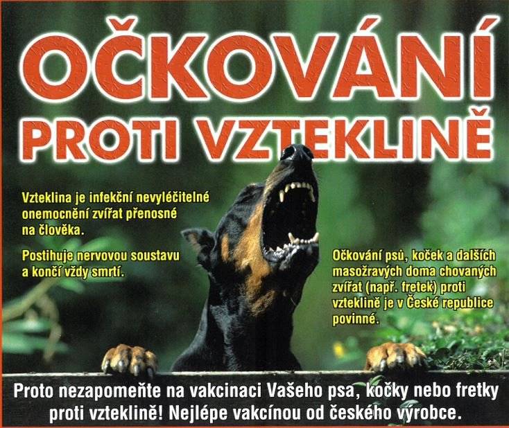 Vakcinace zvířat proběhne v Jenštejně před budovou obecního úřadu v sobotu 14. září 2024 v 10 hodin, následně pak v Dehtárech v 10:30 - 11 hodin u autobusové zastávky. Vhodné též pro domácí králíky (mor + myxomatoza).