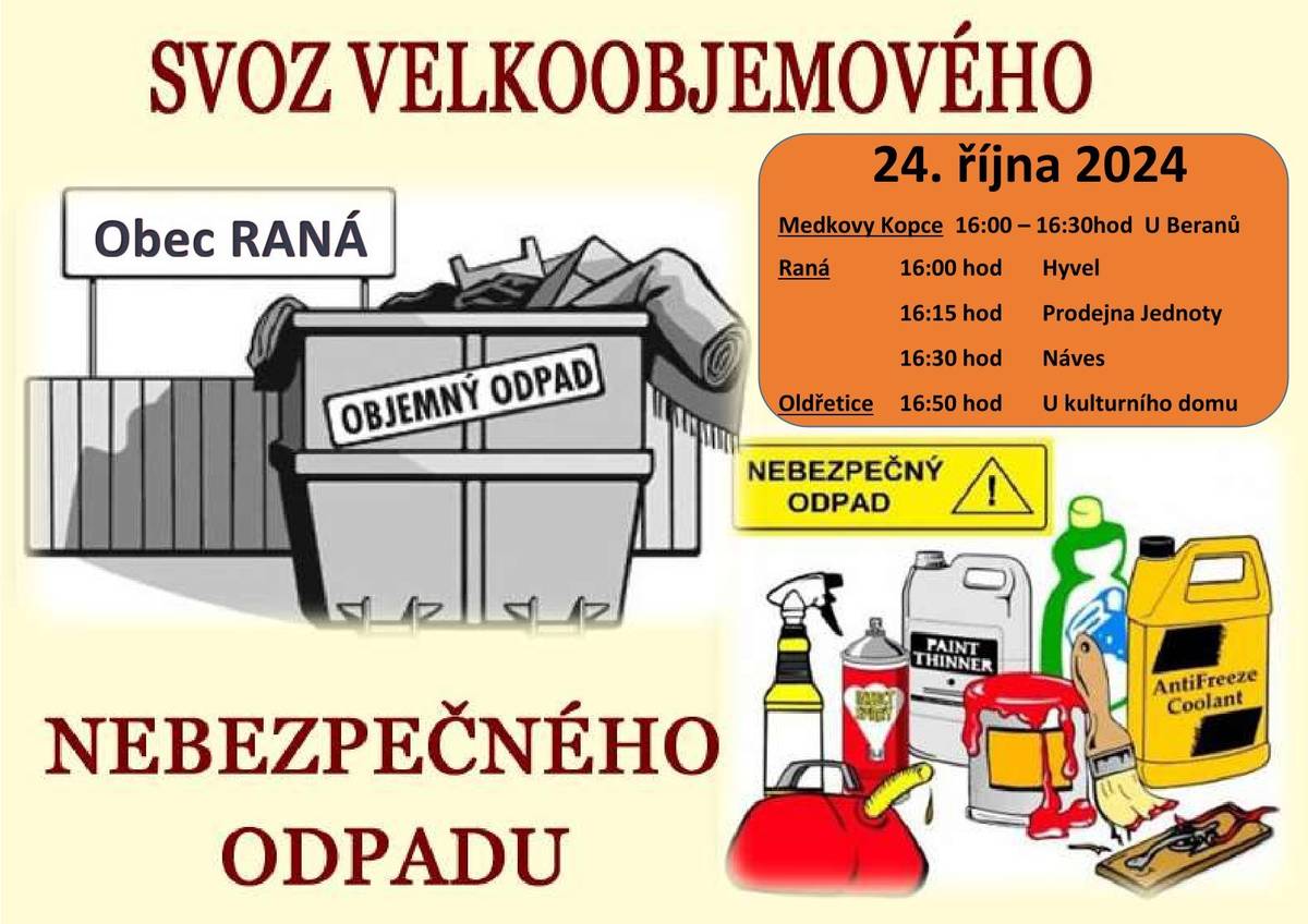 Ve čtvrtek 24.10.2024

Raná 16:00hod - Hyvel
Medkovy Kopce 16:00hod - U Beranů
Oldřetice 16:50hod - u Kulturního domu
