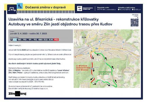 Začínají velké uzavírky, které zasáhnou provoz autobusových linek Zlín, 29. března 2023 — Rekonstrukce křižovatky Mostní a Březnické ulice ve Zlíně, rekonstrukce silnice mezi Dobrkovicemi a Velkým Ořechovem, rekonstrukce silnic v obci Libosváry na Kroměřížsku. V regionu začnou v pondělí 3. dubna 2023 tři velké stavební práce na komunikacích, které zasáhnou do provozu autobusových linek Integrované dopravy Zlínského kraje (IDZK).
 Křižovatka Mostní – Březnická ve Zlíně Ve směru ze Zlína na Březnici zůstane provoz nezměněn. Ve směru od Březnice budou autobusové linky vedeny od kruhového objezdu U Majáku do centra objízdnou trasou přes místní část Kudlov. Na všech dotčených linkách budou platit výlukové jízdní řády. Zastávka „Zlín, U Majáku“ bude přemístěna na zastávku MHD „Lesní hřbitov“, výstupní zastávka „Zlín, Náměstí Práce“ bude přemístěna před Kongresové centrum.
 Velký Ořechov Linka 192 Uherský Brod – Velký Ořechov – Zlín bude jezdit dle výlukového jízdního řádu objízdnou trasou přes Částkov, kde obslouží zastávku „Částkov, střed“, umístěnou v přesunuté poloze před domem č. p. 33. Linka 382 Uherské Hradiště – Bílovice – Velký Ořechov – Uherský Brod a linka 482 Velký Ořechov – Bílovice – Otrokovice budou jezdit podle výlukových jízdních řádů.  
Libosváry Linka 150 Valašské Meziříčí – Bystřice pod Hostýnem – Kroměříž/Zlín, linka 945 Bystřice pod Hostýnem – Všechovice – Rajnochovice a linka 946 Bystřice pod Hostýnem – Všechovice – Kelč budou jezdit podle výlukových jízdních řádů. Zastávka „Loukov, Libosváry“ bude přesunuta na okraj obce ve směru na Loukov, kde bude vybudována provizorní točna.

 
 

 

 
 
 