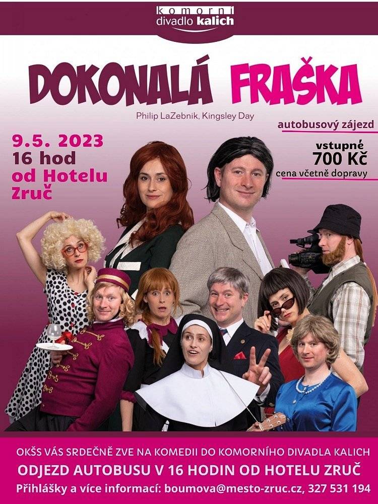 Autobusový zájezd se koná v úterý 9.5.2023. Odjezd v 16 hodin od Hotelu Zruč. Vstupenka včetně dopravy je 700 Kč. Více informací na tel. 327 531 194 / boumova@mesto-zruc.cz